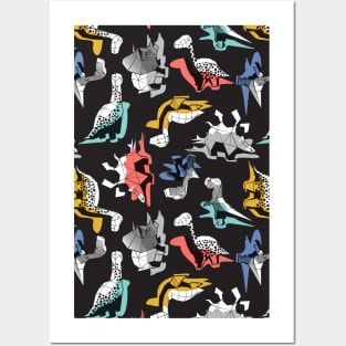 Geometric Dinos // pattern // non directional design black background multicoloured dinosaurs shadows Posters and Art